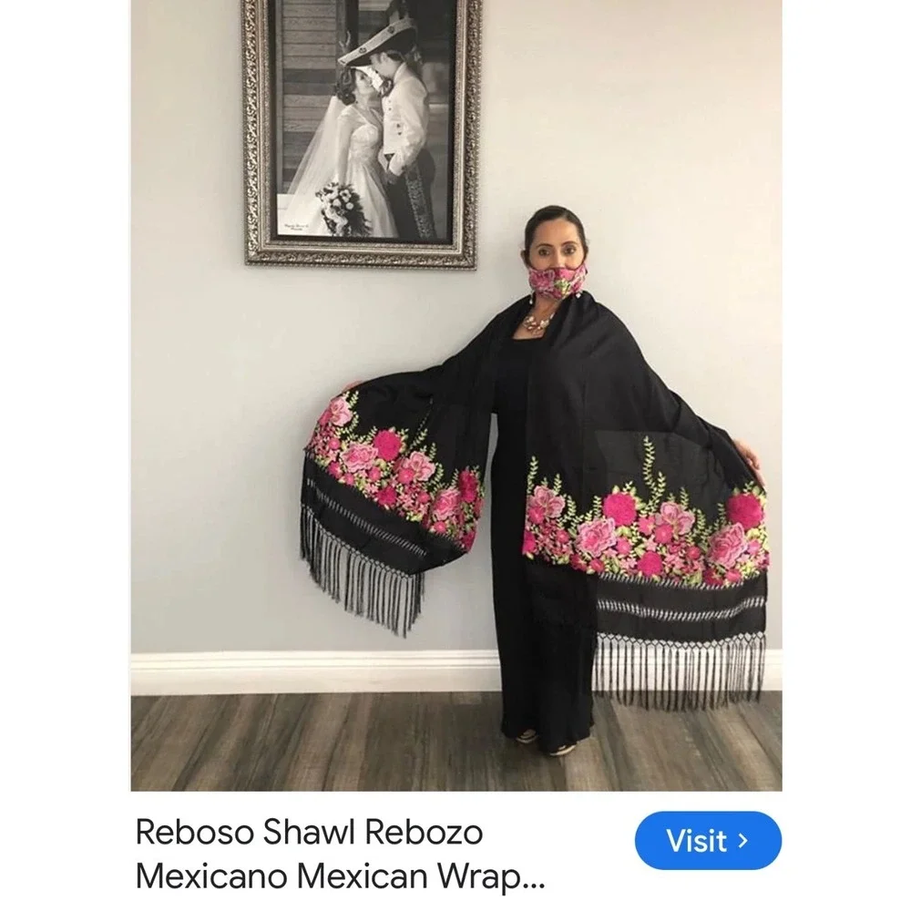 Pashmina 100% Cashmere Floral Embroidered Shawl Rebozo Black Fringe Wrap 65x25